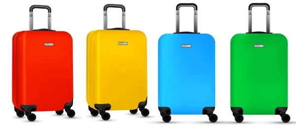 Travel suitcase isolated. Set of colorful plastic luggage or vacation baggage bag on white background. Design of summer vacation holiday concept. Vector Graphics