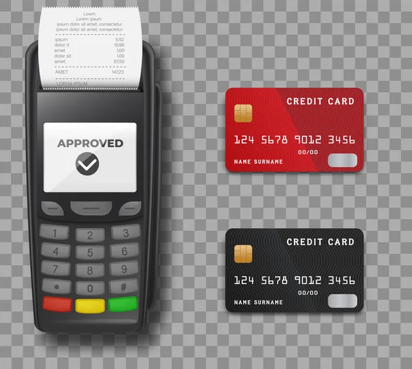 Paiement par carte, modèle Mockup du terminal de paiement bancaire. Avec Reçu Fermer Isolé. Un achat sans contact ou sans fil. — Image vectorielle