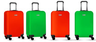 Çanta seyahati. Renkli seyahat plastik bavulu ya da beyaz arka planda izole edilmiş tatil çantası koleksiyonu. Yaz tatili ve iş seyahati konseptini kopyala.