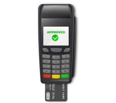 NFC ödeme cihazı POS terminali, ödemeyi kredi kartı ve fatura ile doğruladı. NFC ödemeleri kartla yapılıyor. Modelleme. Üst Görünüm