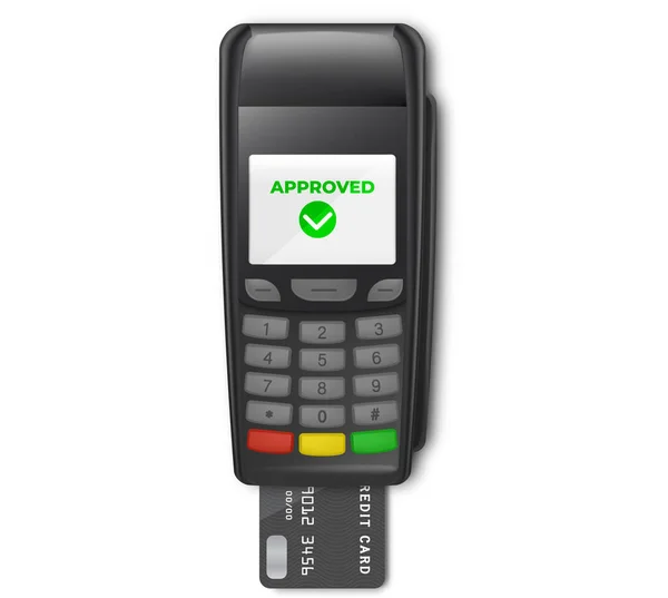 Elaborazione del dispositivo di pagamento NFC Il terminale POS conferma il pagamento con carta di credito di debito, fattura. Pagamenti NFC con carta. Una presa in giro. Vista dall'alto — Vettoriale Stock