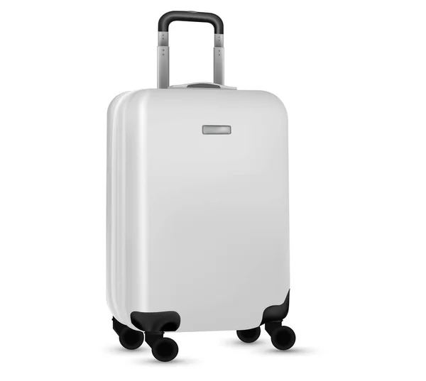 Bagage geïsoleerd. Set van witte reis plastic koffer of vakantie tas op witte achtergrond. Zomervakantie en product reclame concept. — Stockvector