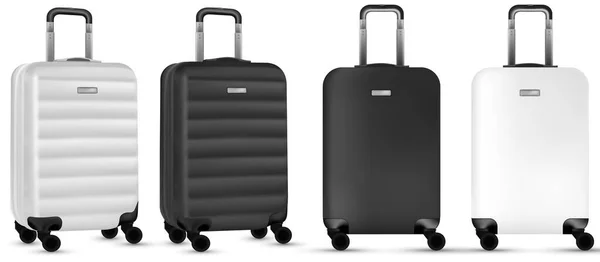 Viaggio isolato. Set di valigie di plastica da viaggio argento e nero o valigie da vacanza su sfondo bianco. Progettazione del concetto di vacanza estiva. — Vettoriale Stock