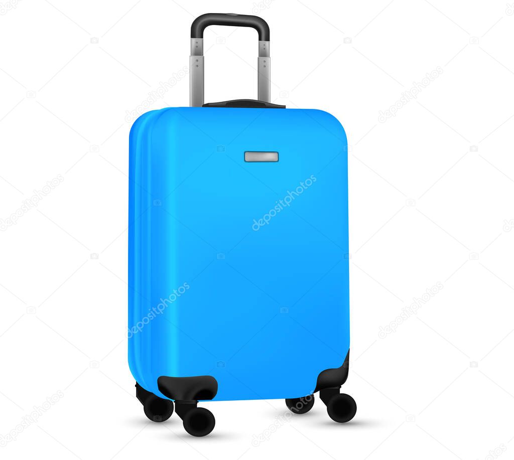 Travel suitcase isolated. Set of blue plastic luggage or vacation baggage bag on white background. Design of summer vacation holiday concept.