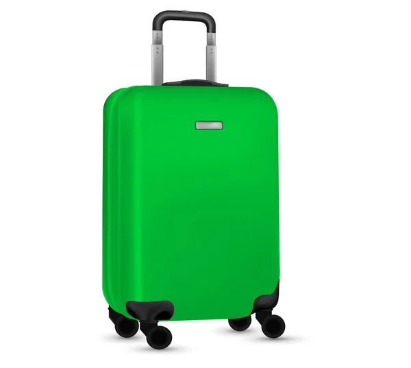 Utazó bőrönd elkülönítve. Állítsa be a zöld műanyag poggyász vagy nyaralás poggyász táska fehér háttér. A nyári vakáció koncepciójának kialakítása. — Stock Vector