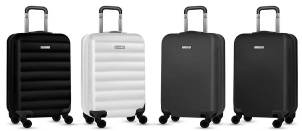 Наклейки на туристичну сумку. Срібна дорожня пластикова валіза або колекція багажу для відпустки ізольовані на білому тлі. Копіювати простір. Набір дорожніх кадрів . — стоковий вектор
