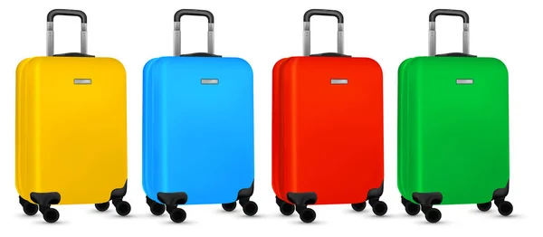 Reiskoffer geïsoleerd. Set van kleurrijke plastic bagage of vakantie bagage op witte achtergrond. Ontwerp van zomervakantie concept. Stockillustratie