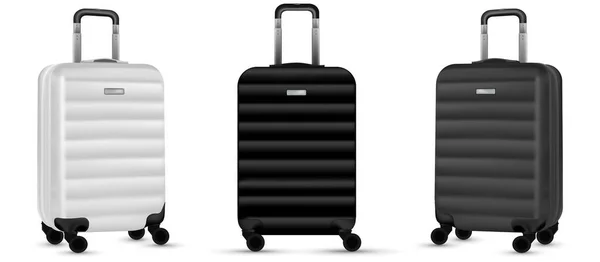 Valise isolée sur blanc. Ensemble de bagage de voyage en argent ou bagage en plastique sur fond blanc. Vacances d'été et concept de publicité produit. — Image vectorielle