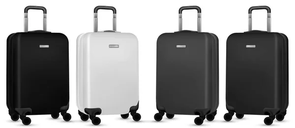 Valise isolée sur blanc. Ensemble de bagage de voyage en argent ou bagage en plastique sur fond blanc. Vacances d'été et concept de publicité produit. — Image vectorielle