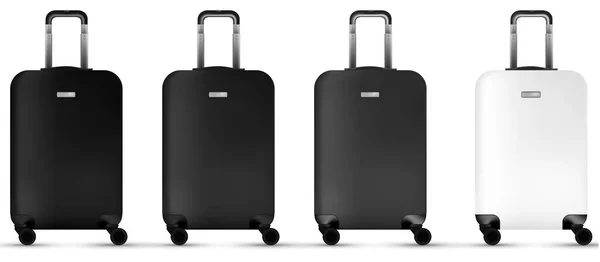 Koffer weißer Hintergrund. Silberne Plastikgepäck- oder Urlaubsgepäcksammlung isoliert. Kopierraum für Sommerurlaub und Geschäftsreisekonzept. — Stockvektor