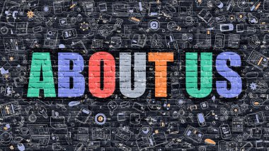 Hakkımızda Konsept. Koyu Brickwall üzerinde çok renkli.