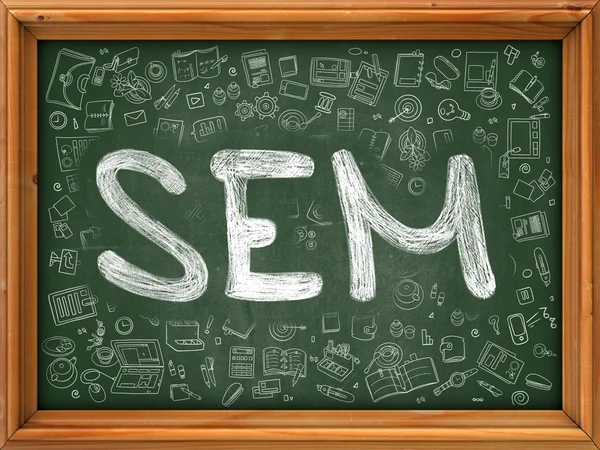 SEM Concept. Chalkboard verde com ícones Doodle . — Fotografia de Stock