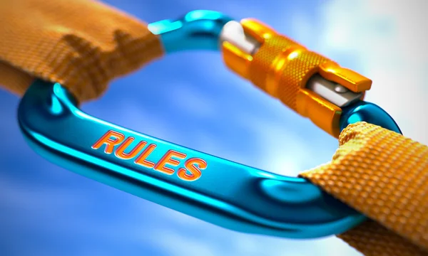 Rules on Blue Carabiner between Orange Ropes. — Stock Photo, Image