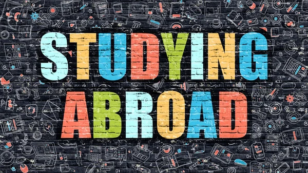 Estudiar en el extranjero en la pared de ladrillo oscuro . — Foto de Stock
