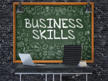 Business Skills Concept. Doodle Icons on Chalkboard.