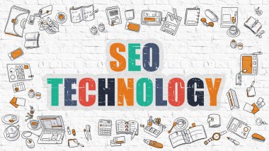 SEO Technology Concept. Multicolor on White Brickwall.
