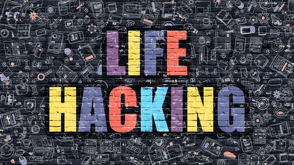 Multicolor Life Hacking on Dark Brickwall. Doodle Style. — Stockfoto