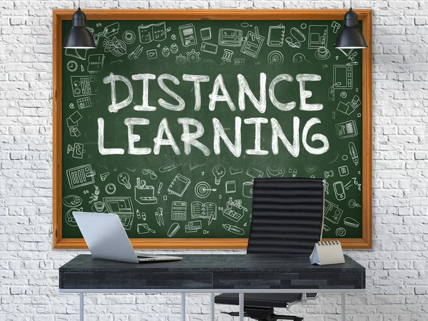 Distance Learning Concept. Doodle Icons on Chalkboard. — Stock Photo, Image