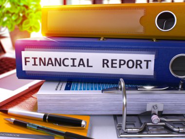 Financial Report on Blue Ring Binder. Blurred, Toned Image.