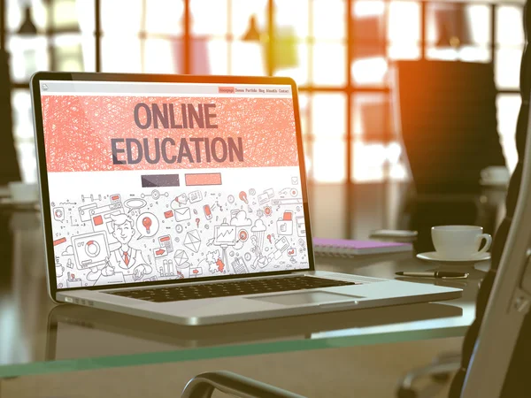 Online Education on Laptop in Modern Workplace Background. — Stok fotoğraf