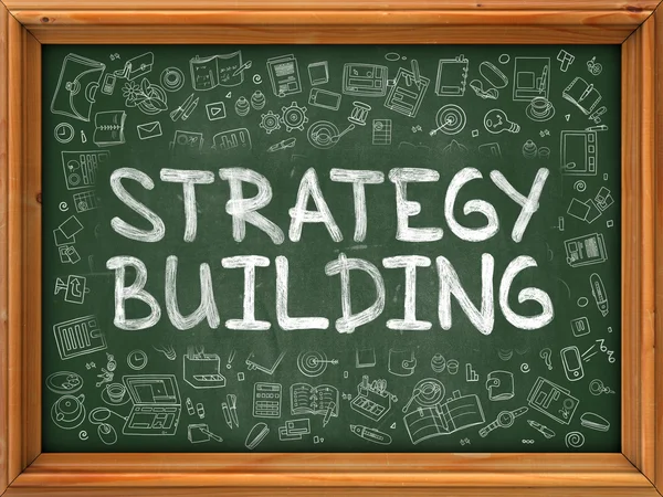 Green Chalkboard with Hand Drawn Strategy Building. — Stockfoto