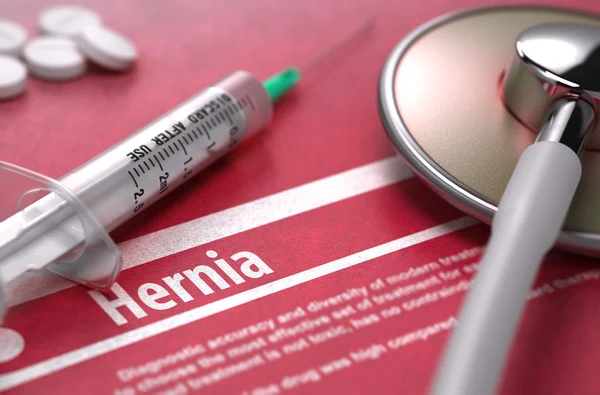 Hernia. Concepto médico sobre fondo rojo . — Foto de Stock