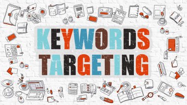 Beyaz Brickwall'da Çok Renkli Anahtar Kelimeler Hedefleme. Doodle Tarzı.