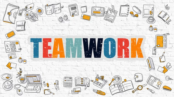 Teamwork concept. Multicolor op witte Brickwall. — Stockfoto