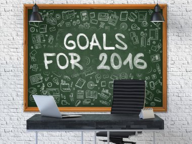 Goals for 2016 on Chalkboard with Doodle Icons.