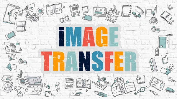 Multicolor Image Transfer on White Brickwall. Doodle Style. — Stok fotoğraf