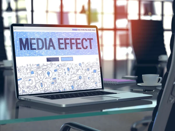 Media Effect on Laptop in Modern Workplace Background. — Stock Fotó