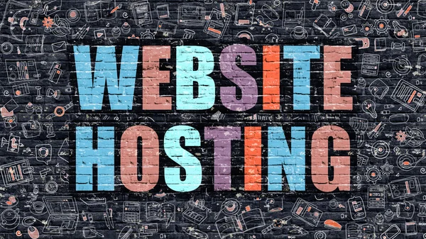 Multicolor Website Hosting on Dark Brickwall. Doodle Style. — Stok fotoğraf