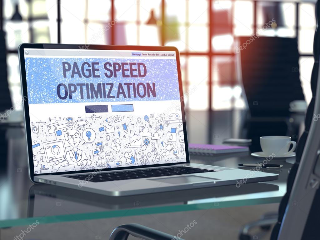 Page Speed Optimization on Laptop in Modern Workplace Background.