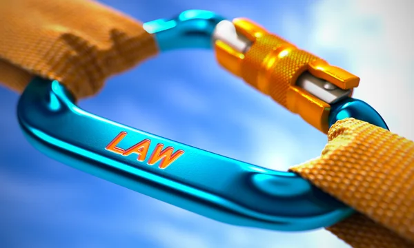 Law on Blue Carabiner between Orange Ropes. — ストック写真