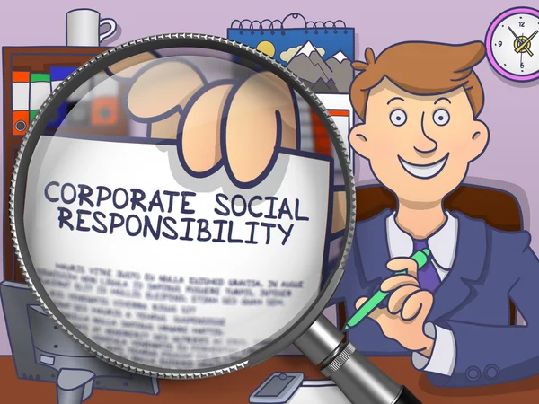 Vállalati társadalmi felelősség a nagyító segítségével. Firka stílus. — Stock Fotó