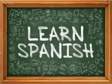 Learn Spanish - Hand Drawn on Green Chalkboard.