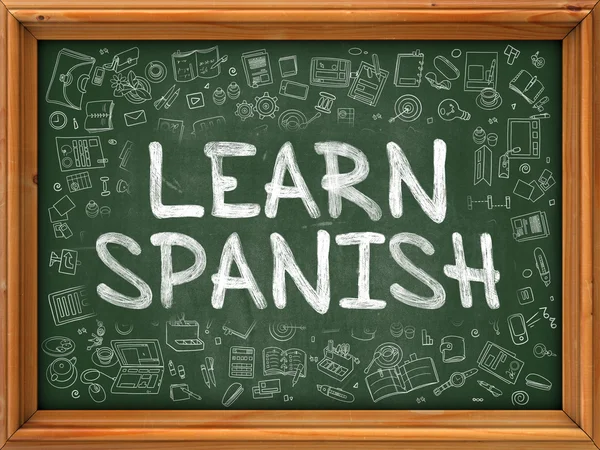 Learn Spanish - Hand Drawn on Green Chalkboard. — Stok fotoğraf