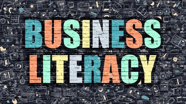 Multicolor Business Literacy on Dark Brickwall (en inglés). Estilo Doodle . —  Fotos de Stock