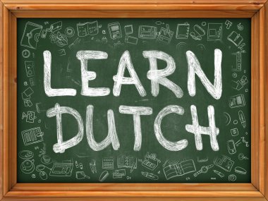 Hollandaca Kavramı öğrenin. Doodle Simgeleri ile Yeşil Tebeşir Tahtası.