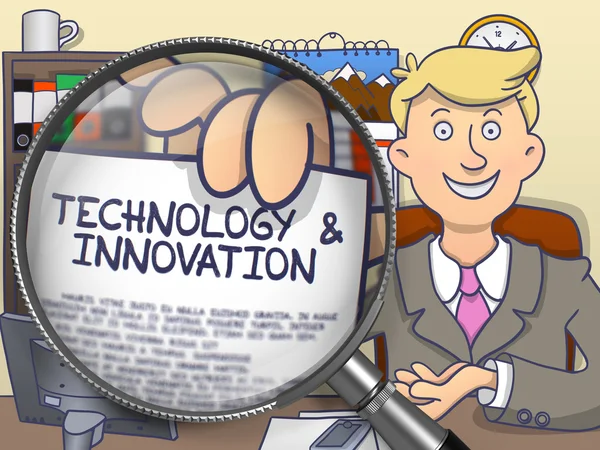 Technology and Innovation through Magnifying Glass. Doodle Style. — Stock Photo, Image