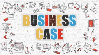 Beyaz Brickwall üzerinde Çok renkli İş Case. Doodle Tarzı.