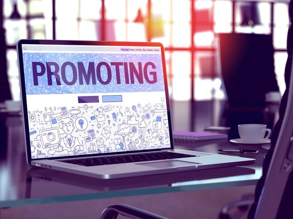 Promoting on Laptop in Modern Workplace Background. — Stock Photo, Image