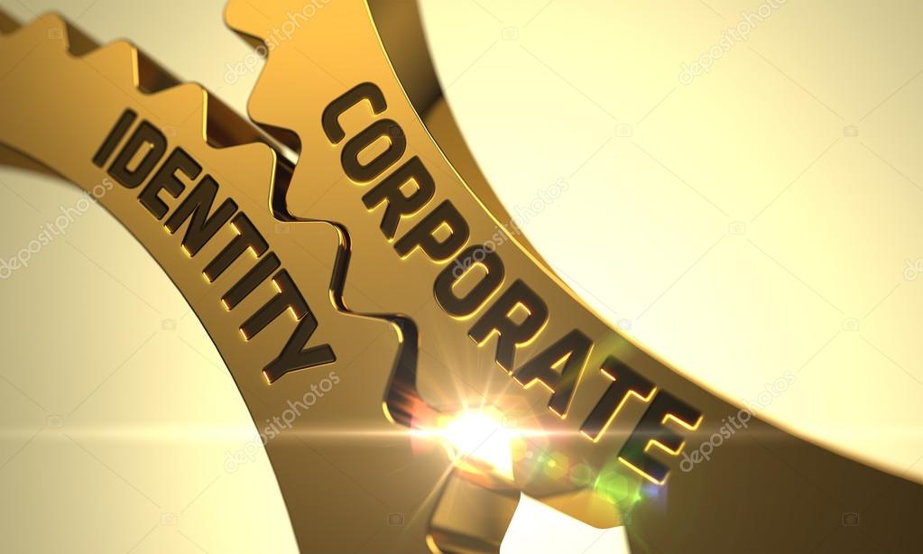 Golden Cog Gears with Corporate Identity Concept. Corporate Identity on the Mechanism of Golden Gears with Glow Effect. Corporate Identity on Golden Cogwheels. 3D Render.