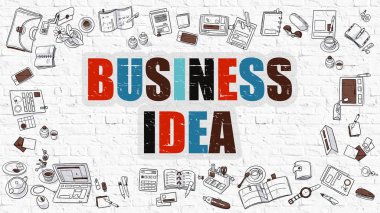 Beyaz Brickwall üzerinde Çok renkli İş Fikri. Doodle Tarzı.