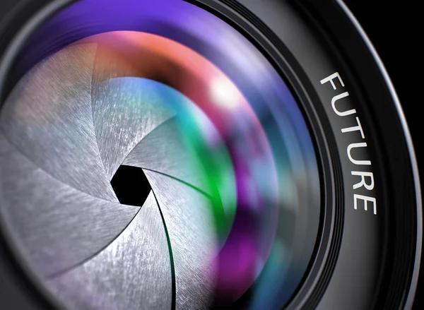 Concepto futuro en el vidrio frontal de la lente de la cámara . — Foto de Stock