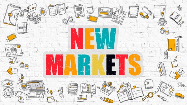 Új piacok koncepció. Multicolor a fehér Brickwall. — Stock Fotó