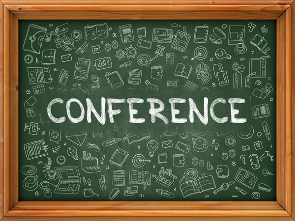 Conference concept. Groene schoolbord met doodle pictogrammen. — Stockfoto