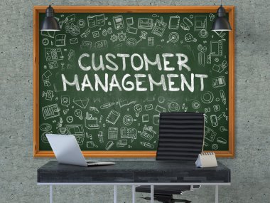 Customer Management on Chalkboard with Doodle Icons.