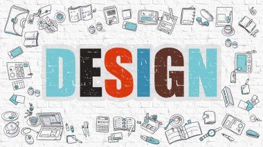 Beyaz Brickwall üzerinde Çok Renkli Tasarım. Doodle Tarzı.