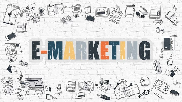 E-marketing a fehér téglafal. — Stock Fotó